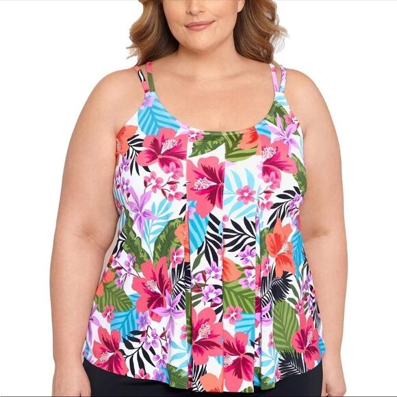 Swim Solutions White Tropical Floral Pleat Front Tankini Bust Support, Adj Strap - Picture 1 of 11